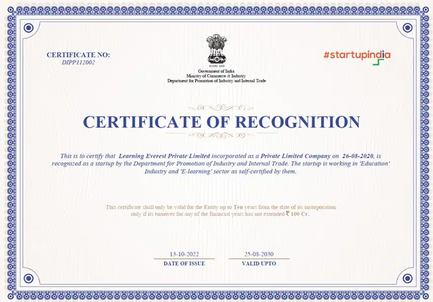 Learning Everest Private Limited Startup India Certificate