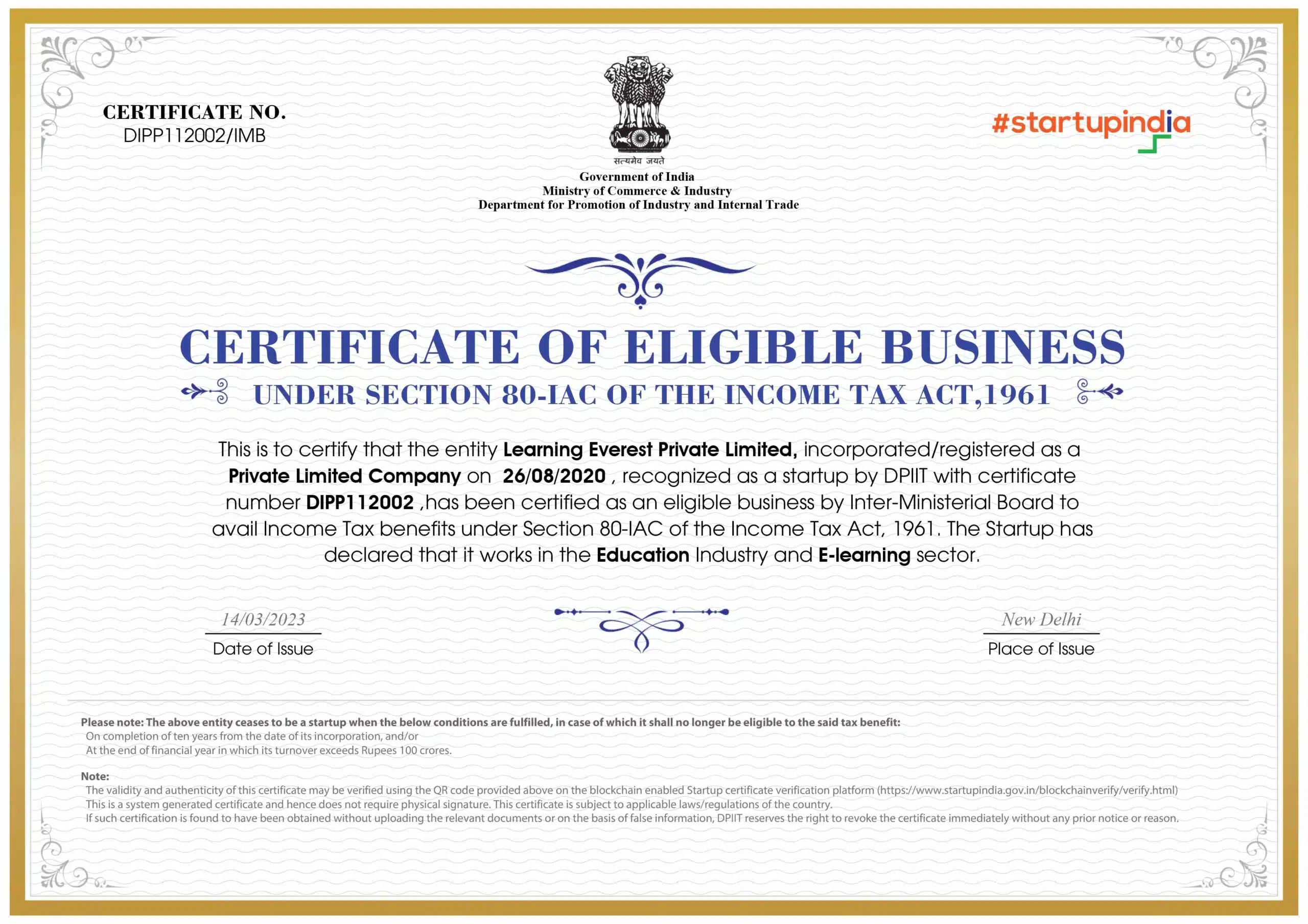 Certificate of Eligible Business - Learning Everest Private Limited