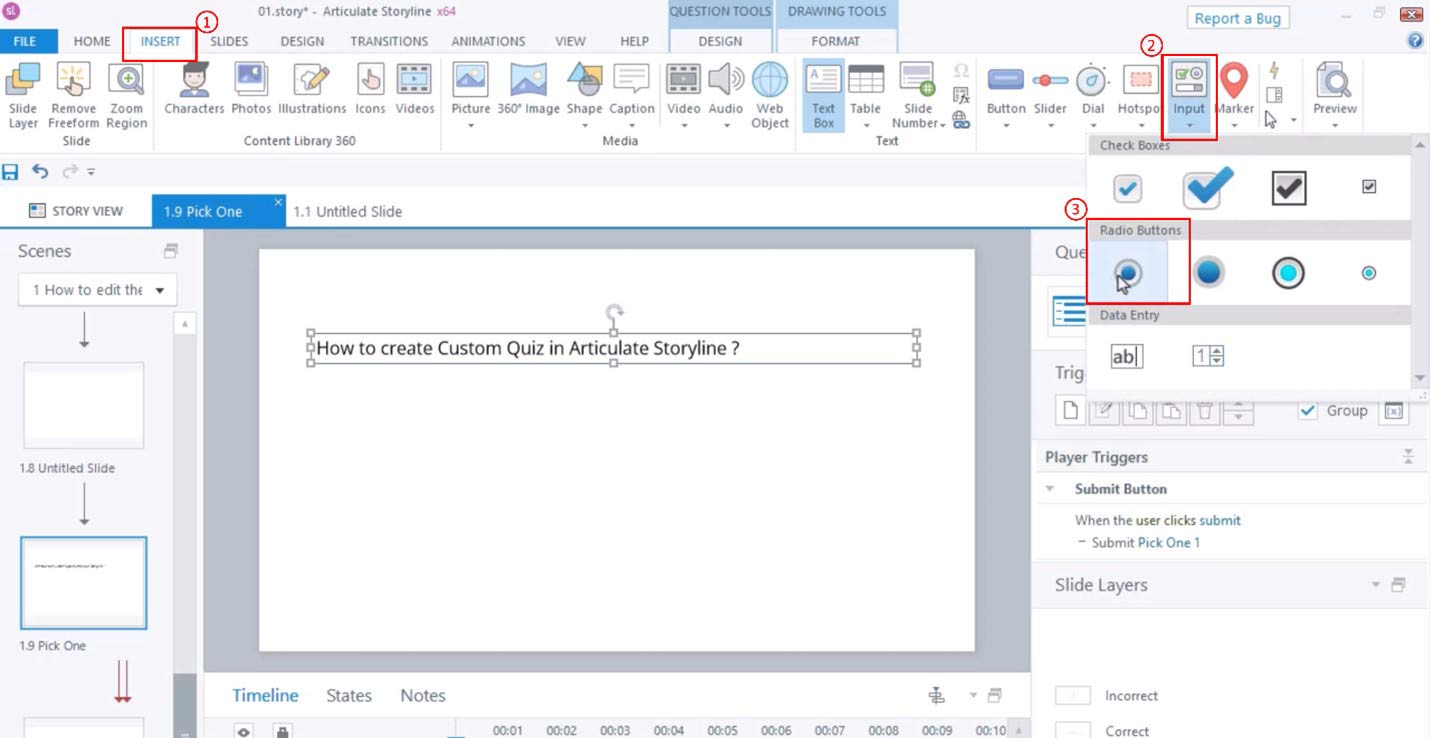 Steps to Create a Custom Quiz in Articulate Storyline 360- Creating options