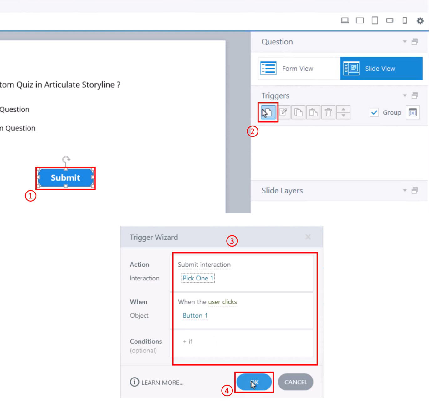 Steps to Create a Custom Quiz in Articulate Storyline 360- Triggering the submit button